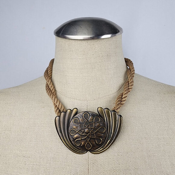 Vintage Bronze Medallion Twisted Gold Cord Statement Necklace - Picture 1 of 6